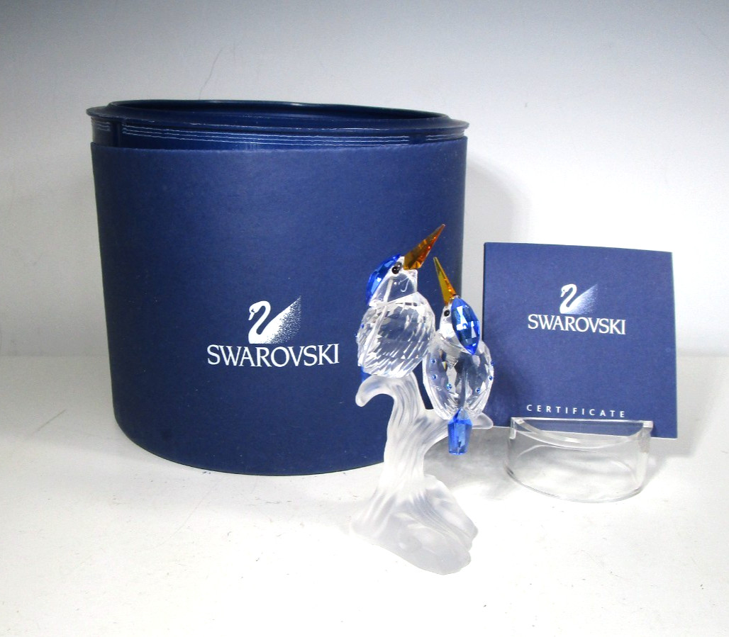 Vintage Swarovski Crystal Malachite Kingfisher Bird Pair with Box Brochure