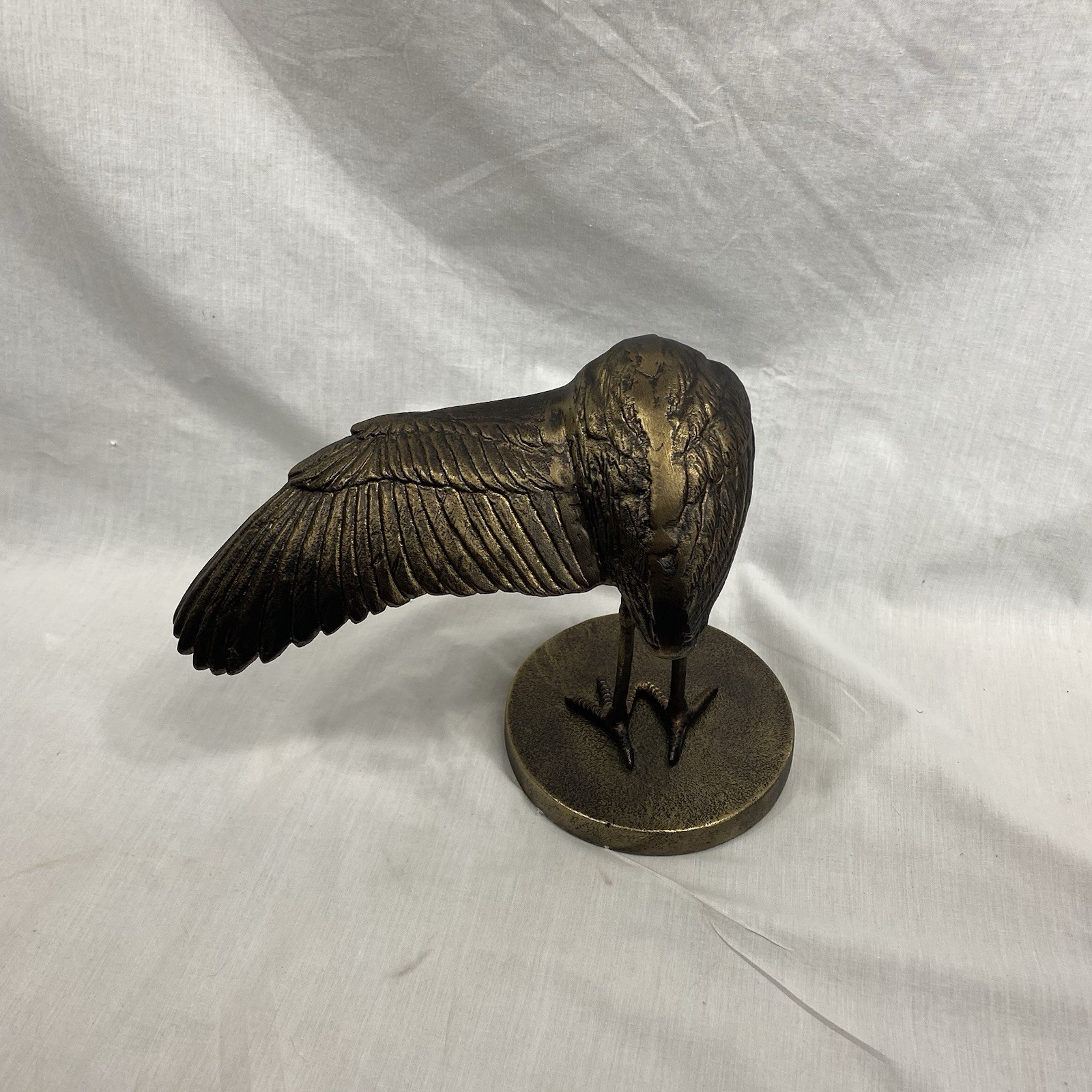 Cast Metal Crane Heron Sculpture Cleaning Its Wing 8.5in Tall 11in Wide