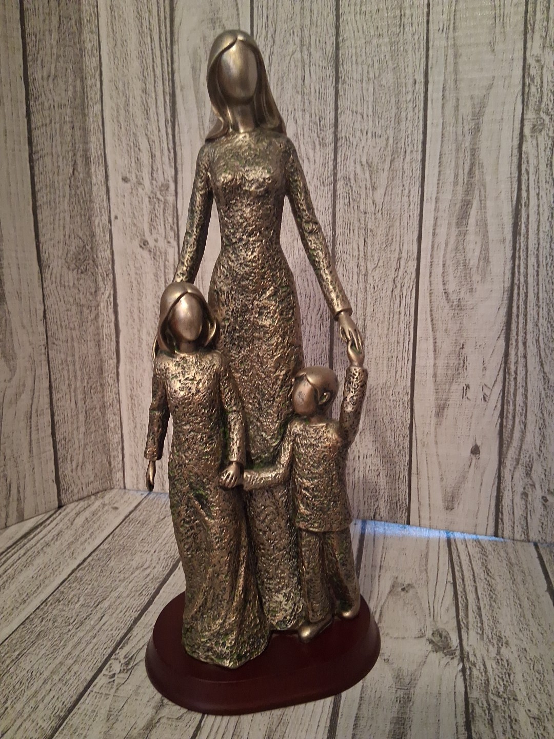 VTG Mother w/ 2 children Bronze/Gold/Green Statue w/ Mahogany Base 15”