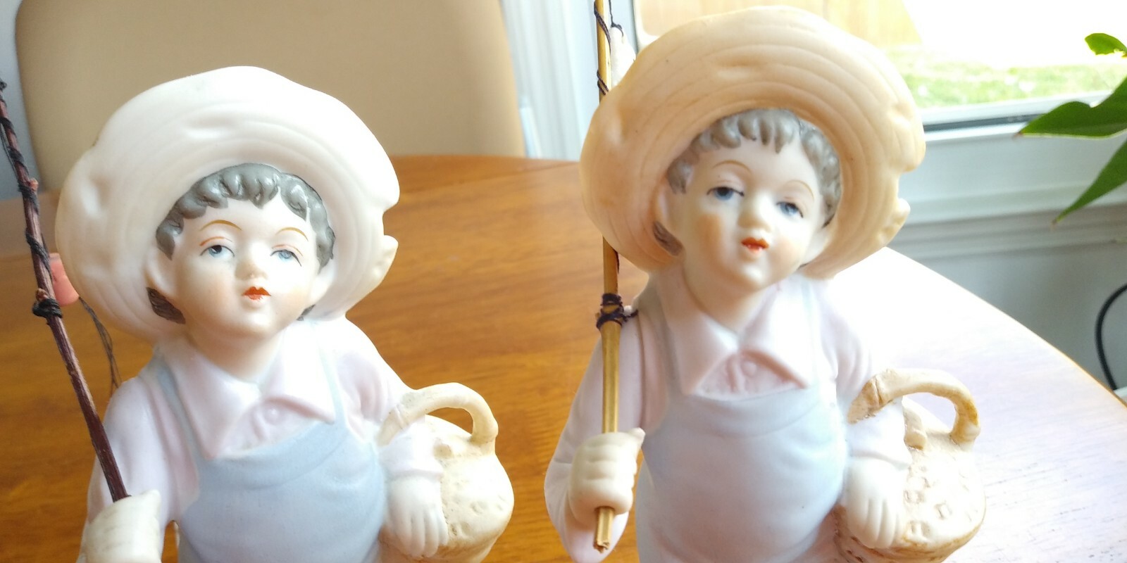 2 UCAGO FISHING BOYS ORIGINAL POLES VINTAGE JAPAN BISQUE HAND PAINTED EX COND
