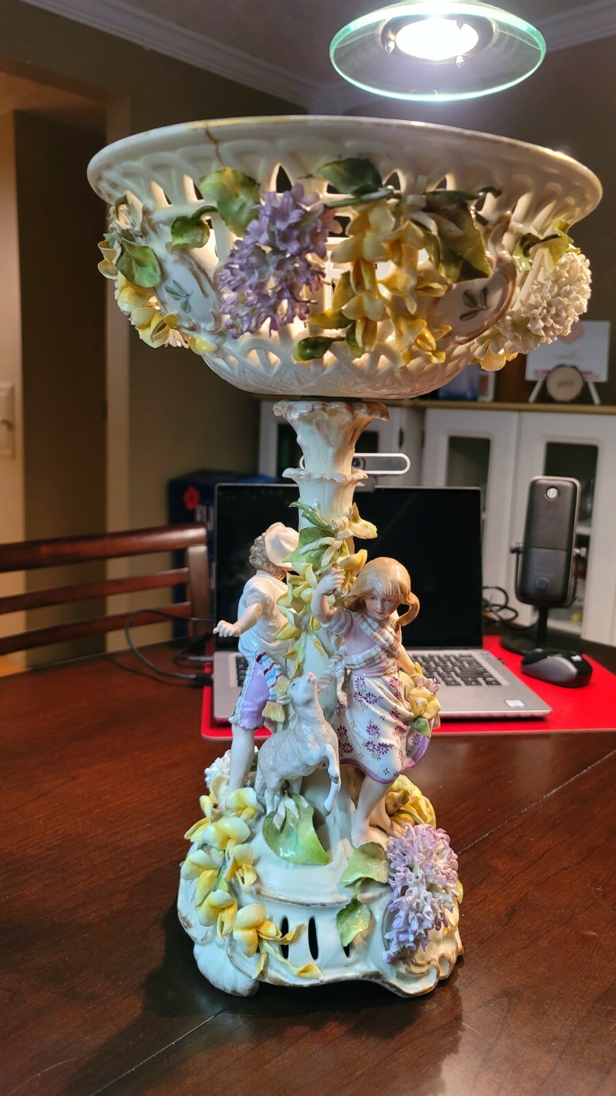 DECORATIVE CENTERPIECE INTRICATE DETAILED FIGURINE PEDESTAL BOWL EUROPE PRE-WWII