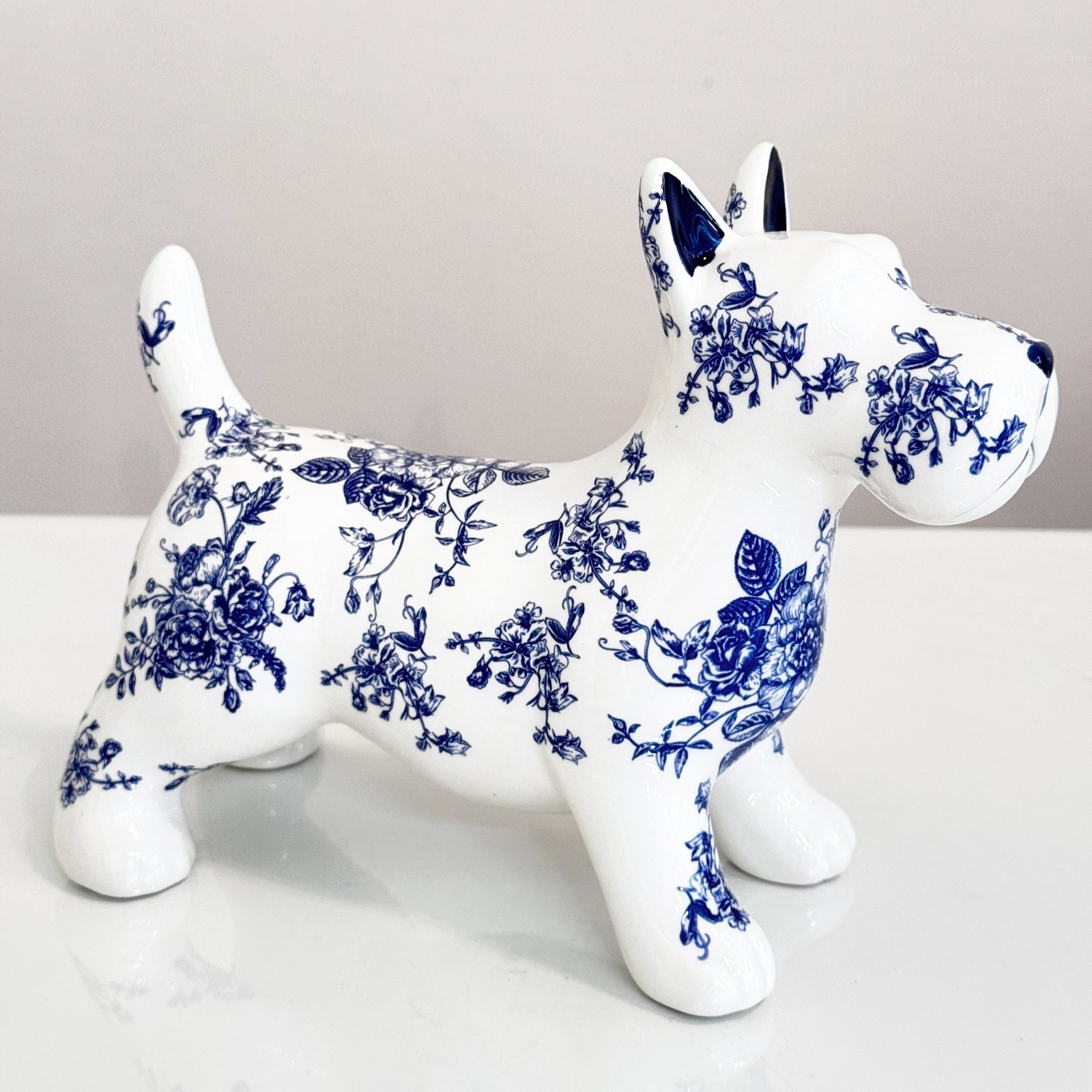 Vintage Ceramic Dog Figurine Blue White Floral Portugal Home Decor Gift 8”