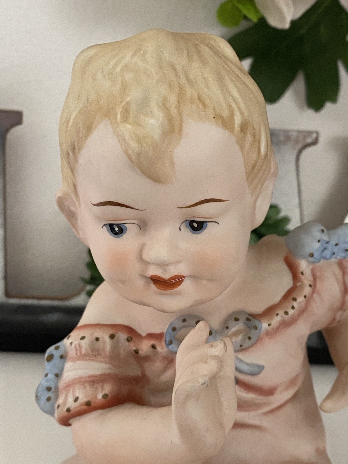 Porcelain Bisque Piano Baby Boy Pink Dress Blue Bows Sitting Up Stamped 23/112