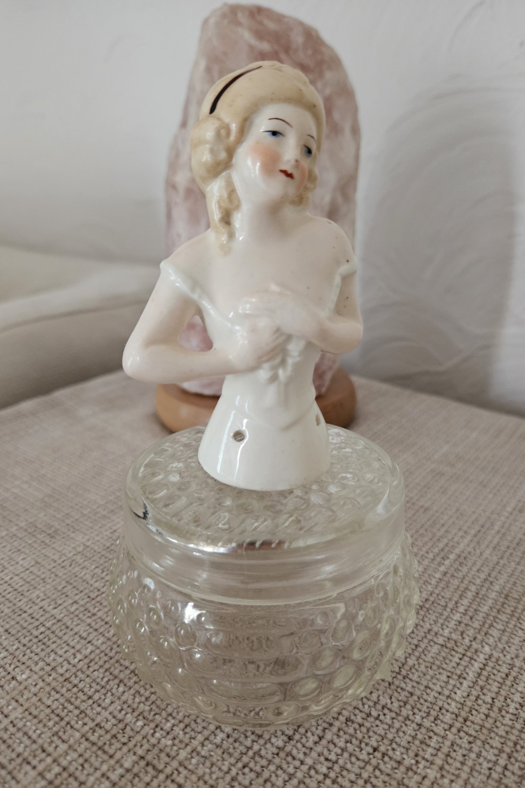 Antique German Porcelain Half Doll on Lidded Glas Jar, ca. 6.5 in
