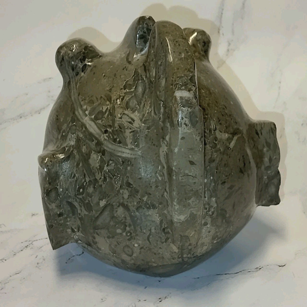 Fossil Stone Carved Pufferfish Paperweight Marble Beige Brown Swirl Spotted Rock