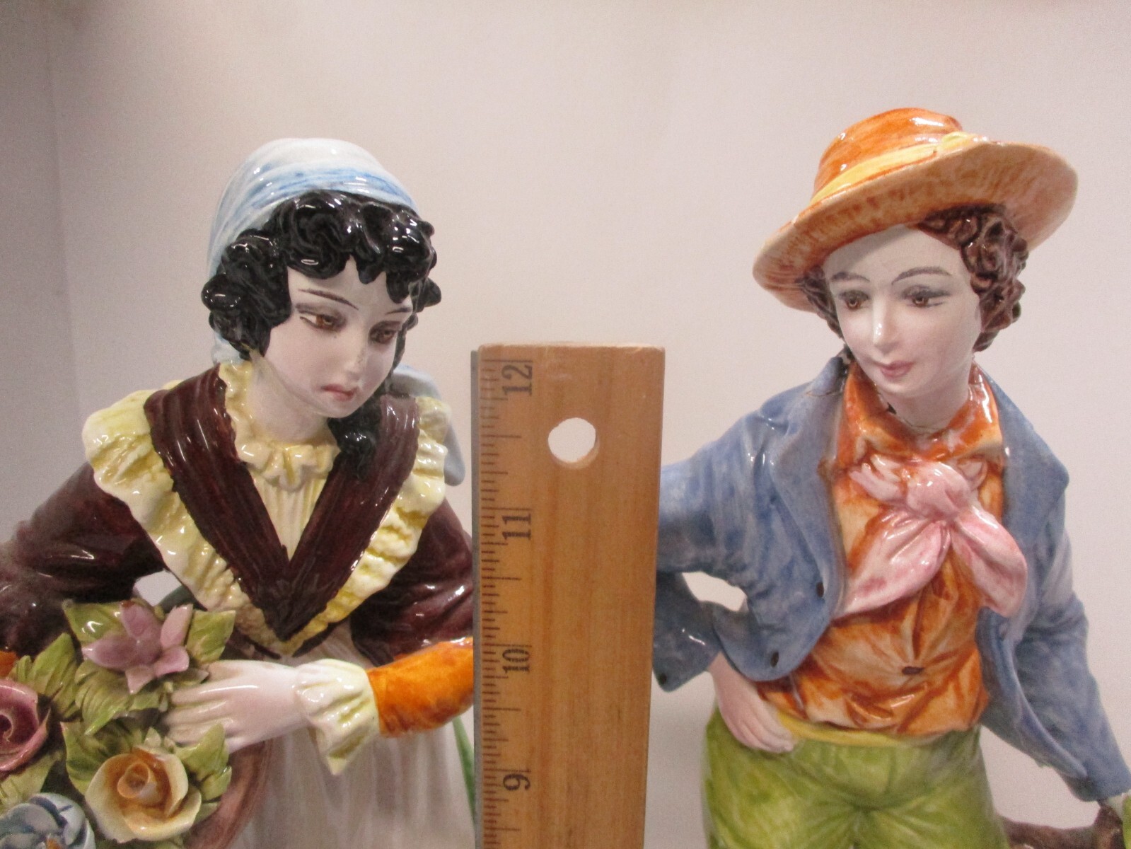 2 Ethan Allen Italy Figures Lady w/ Flowers, Man Leaning on Tree Stump