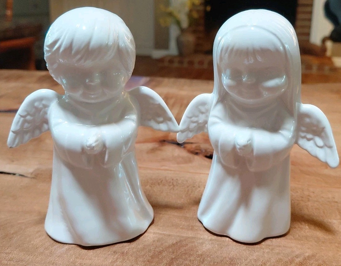 Darling Vintage Ceramic Praying Girl And Boy Angel Figurine Handmade 1985
