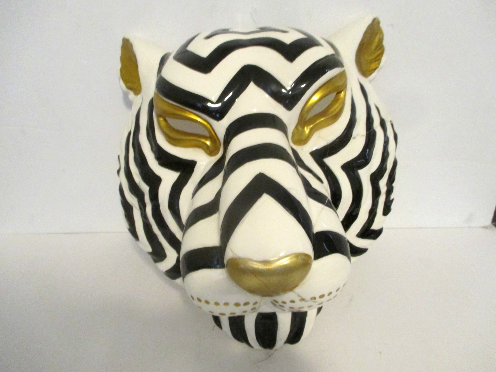 14″ WHITE TIGER BLACK/GOLD MASK SCULPTURE WALL ART HIGH QUALITY DAMAGED+STAND