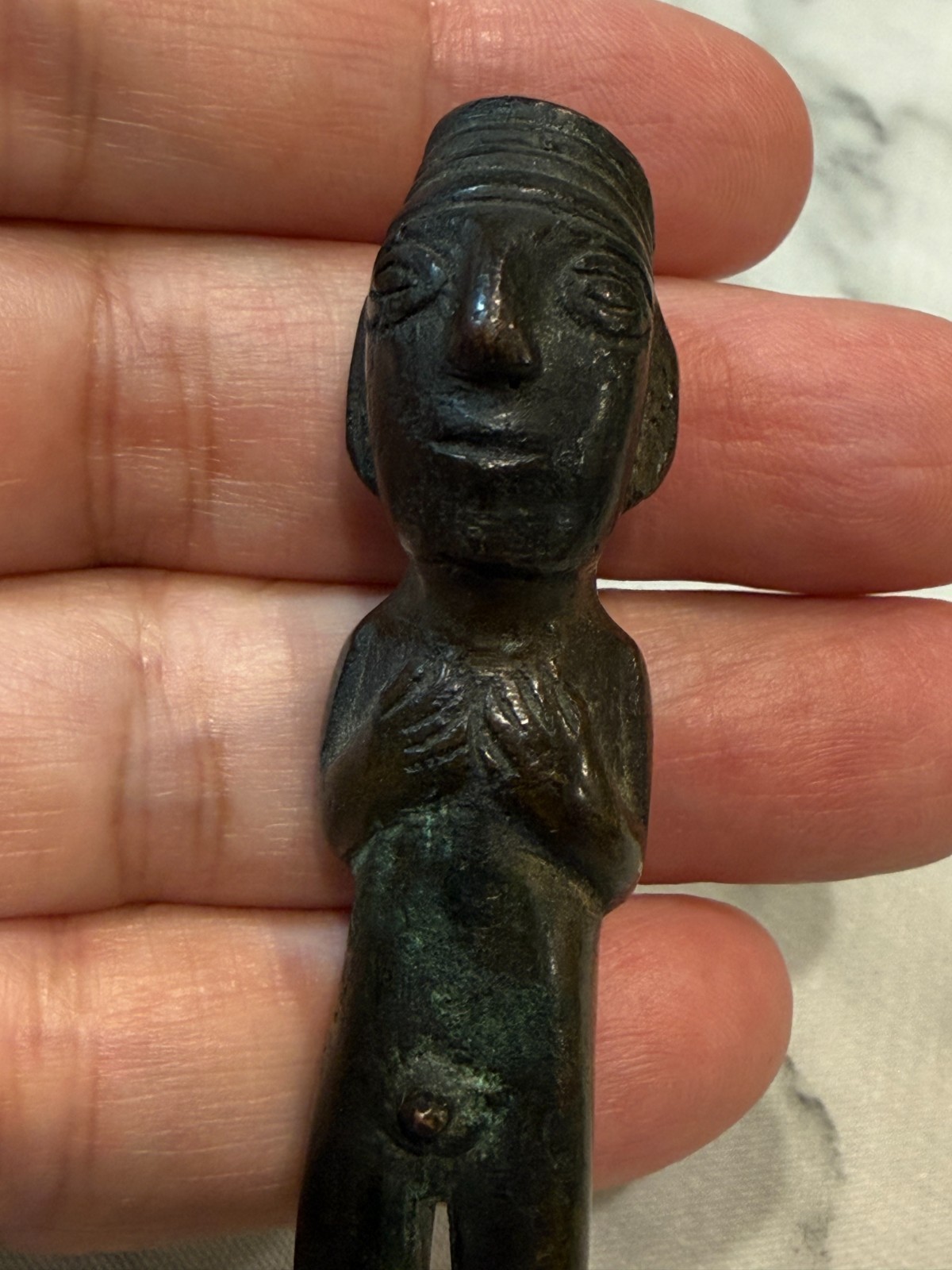 Antique Small Bronze Copper Inca Figurine of Standing Nude Male