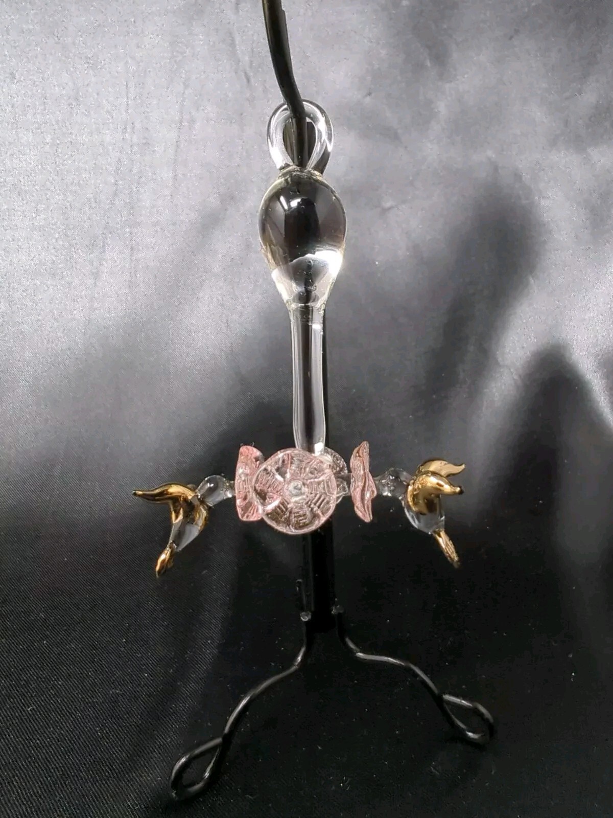 Mini Clear Glass Hanging Hummingbird Feeder Figurine Pink Flowers Gold Birds
