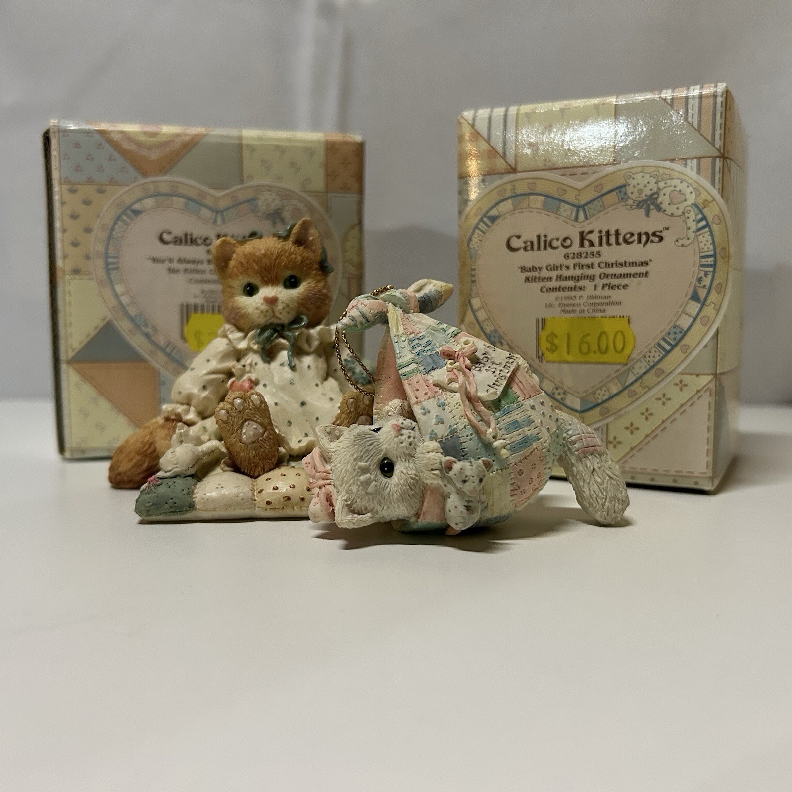 Lot 2pc 90s Calico Kittens Cats VTG Collection Figures, Displayer, in Box