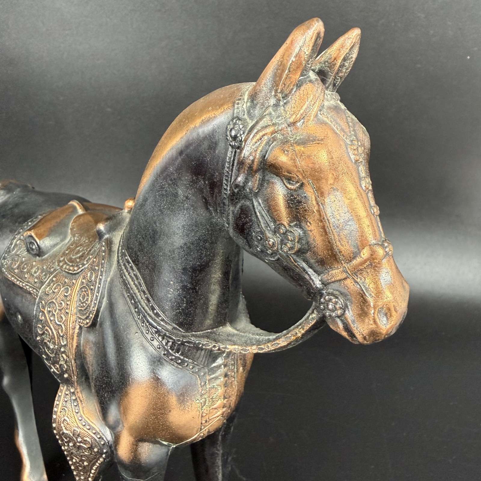 Vtg Cast Metal Copper Bronze Horse Stallion Saddle Figurine 10″ Tall