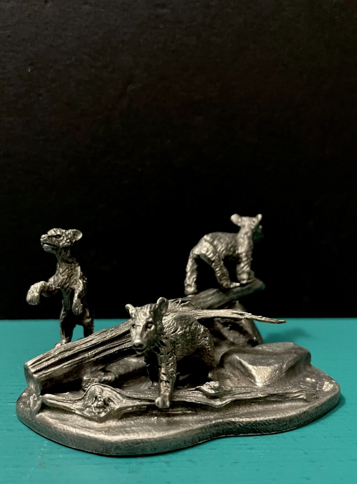 Pewter Three Bears Cubs Forest Tree Logs Wildlife Animals Diorama Art Figurine