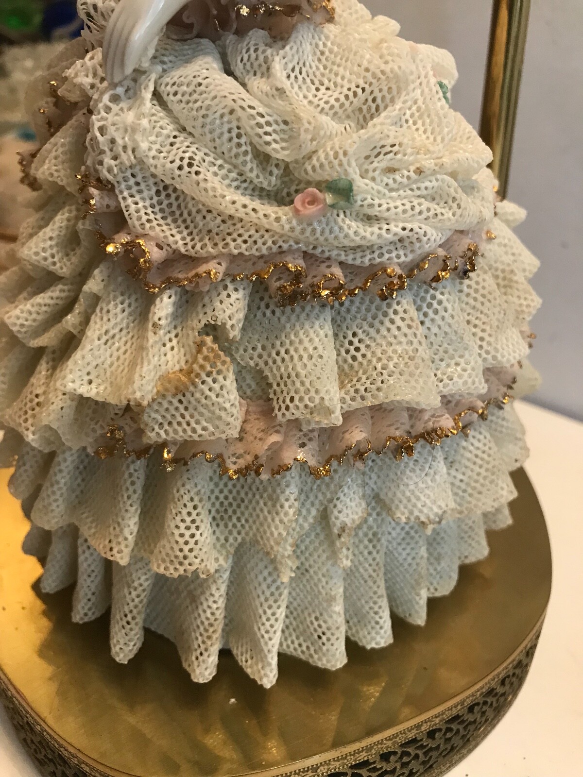 ANTIQUE/VINTAGE PAIR OF BOUDOIR LAMPS – LADY/DRESDEN LACE DRESS, MAN IN TAILS
