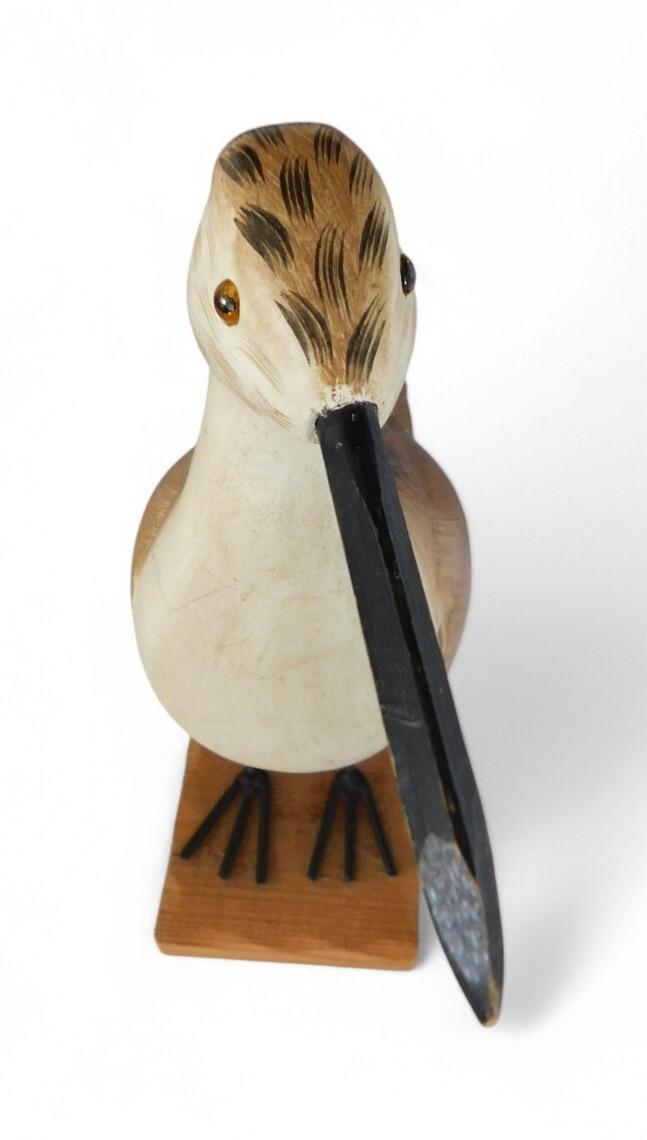 Wood Carved Sandpiper Brown Beige Standing Shore Bird Nautical Statute *AS IS*