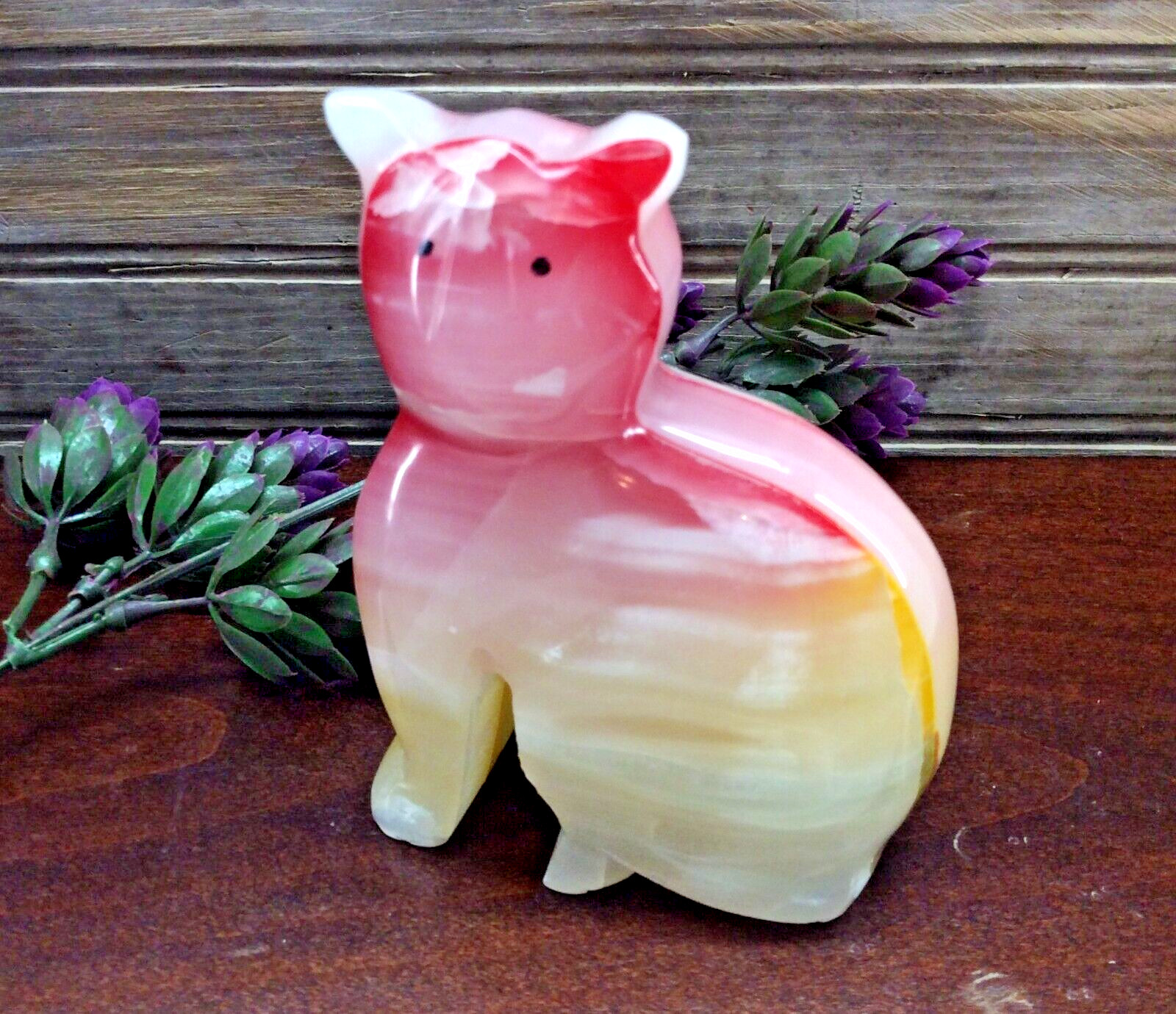 Carved Polished Stone CAT Figurine YELLOW RED WHITE Multicolored HEAVY 4″ X 3″