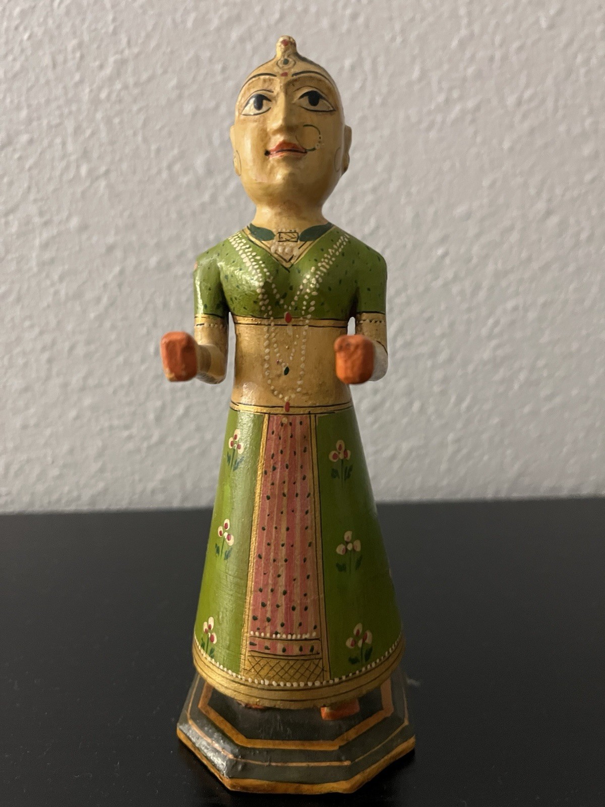Vintage Carved Wooden Indian Lady, hand-painted green and white dress
