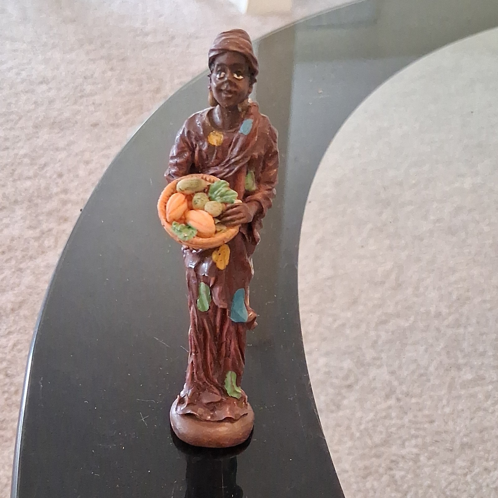 Painted Woman Figurine Multicolor Brown Basket People Theme 3D Effect