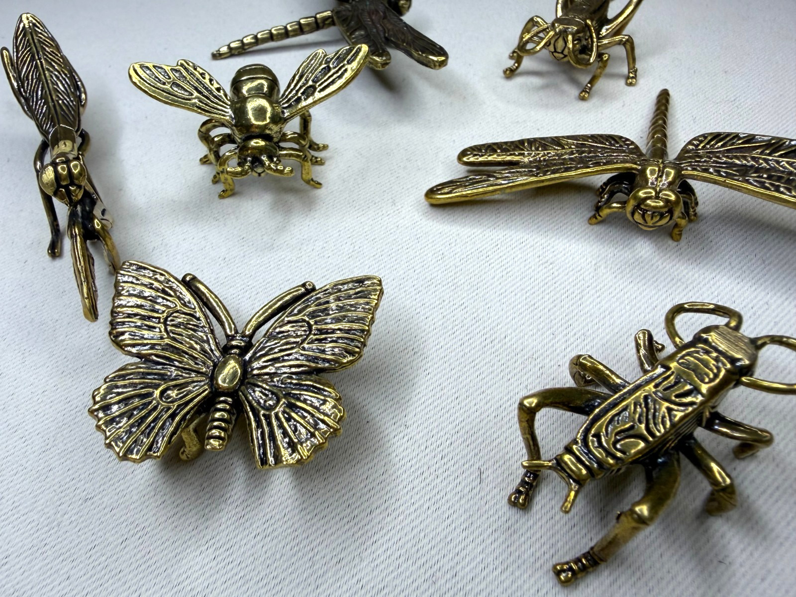 7pc Vintage Brass Insect Figurines Lot Butterfly Dragonfly Bee Cricket Tea Pet