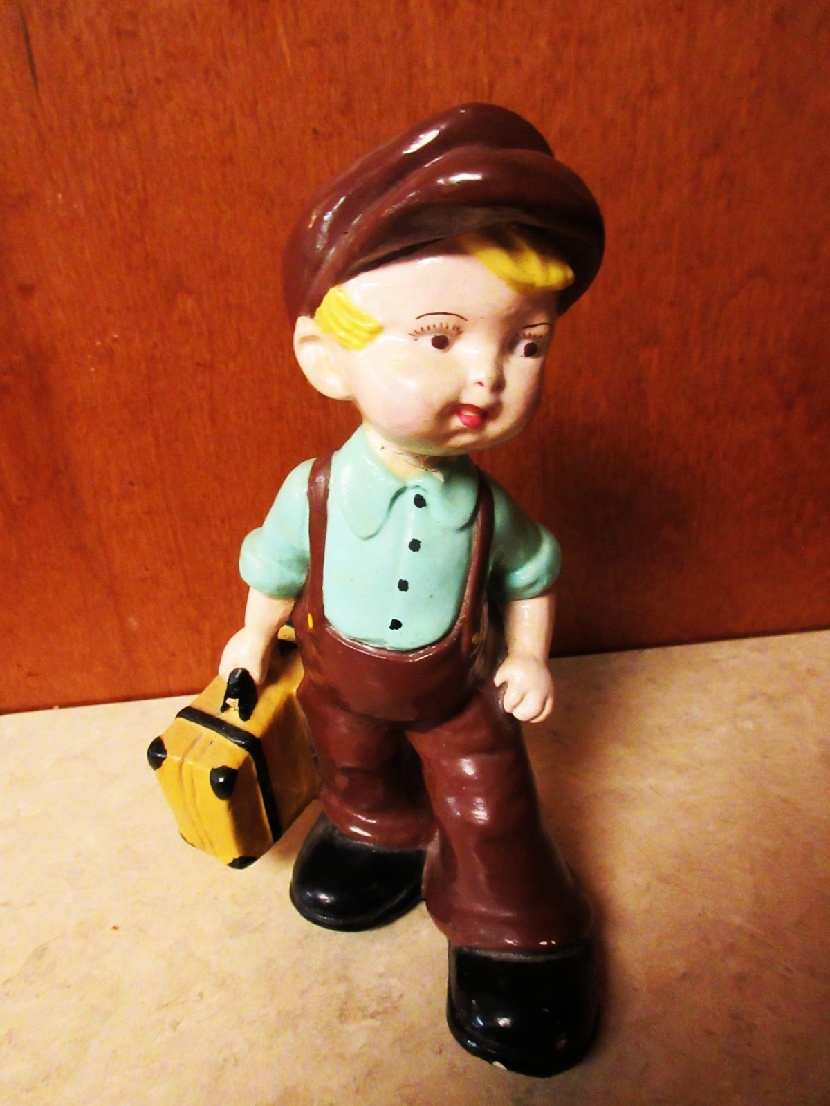 Vintage Figure – Boy with Suitcase “The Traveler” – 7″ x 4.5″ x 4″ Hand Painted