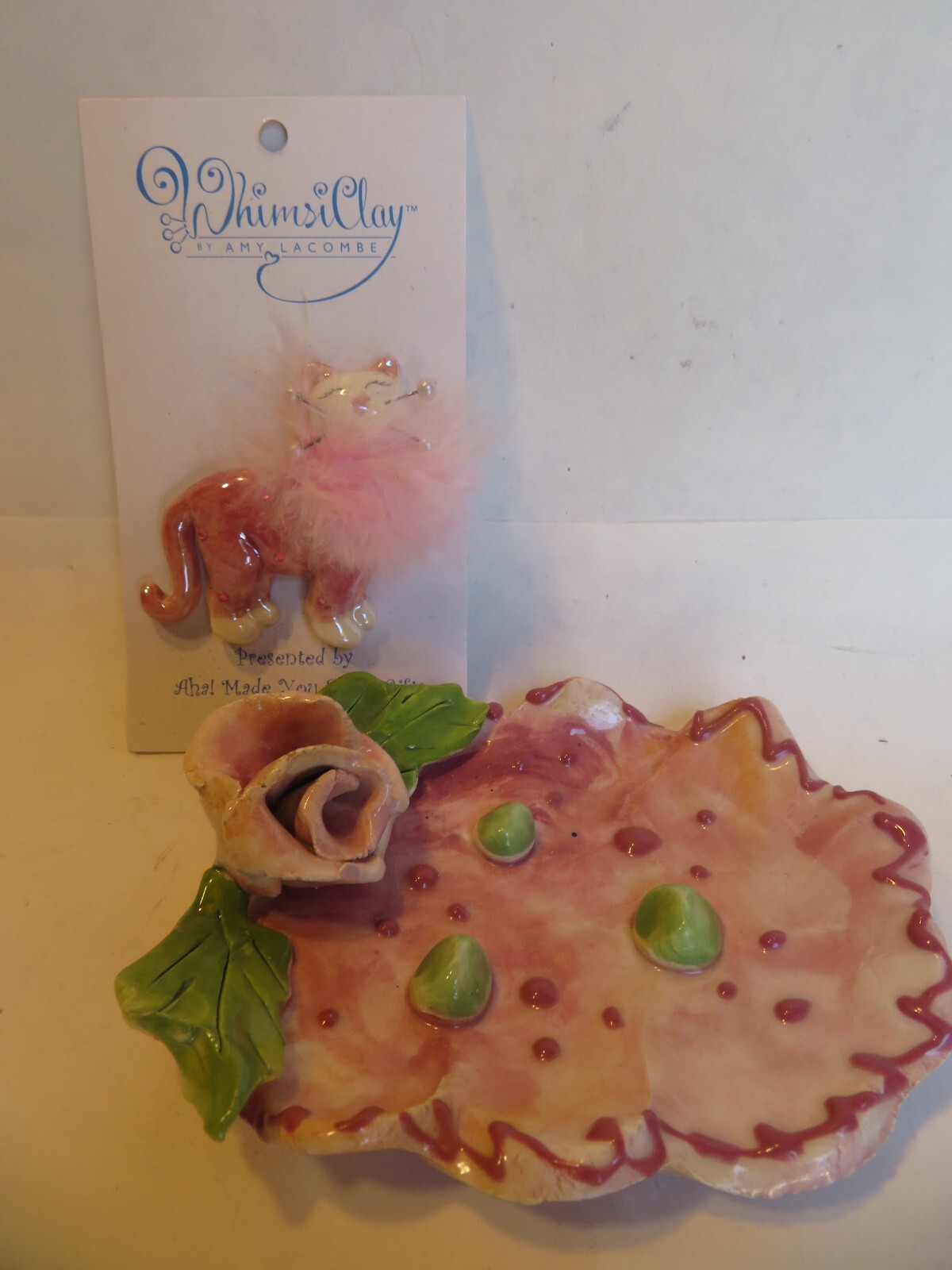 Pink Dotted Soap dish Handmade Vintage WhimsiClay/Amy Lacombe + A Kitty Pin Too!