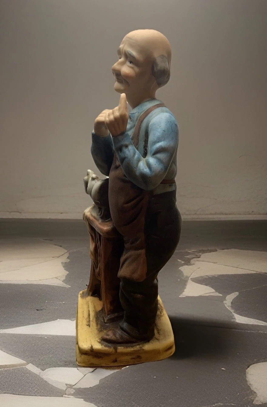 OLD MAN FIGURINE WITH SEWING MACHINE VINTAGE Marked Fine Porcelain