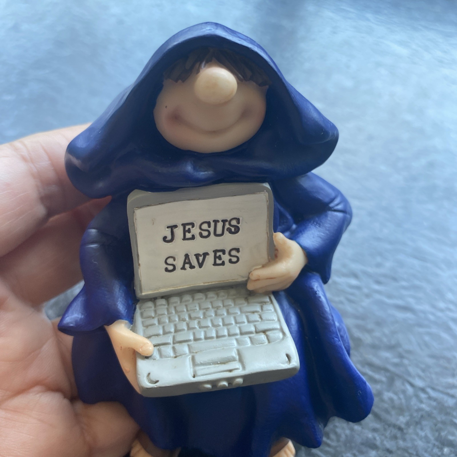 2007 Friar Folk Figurine Laptop JESUS SAVES Blue Whimsical Faith Monk