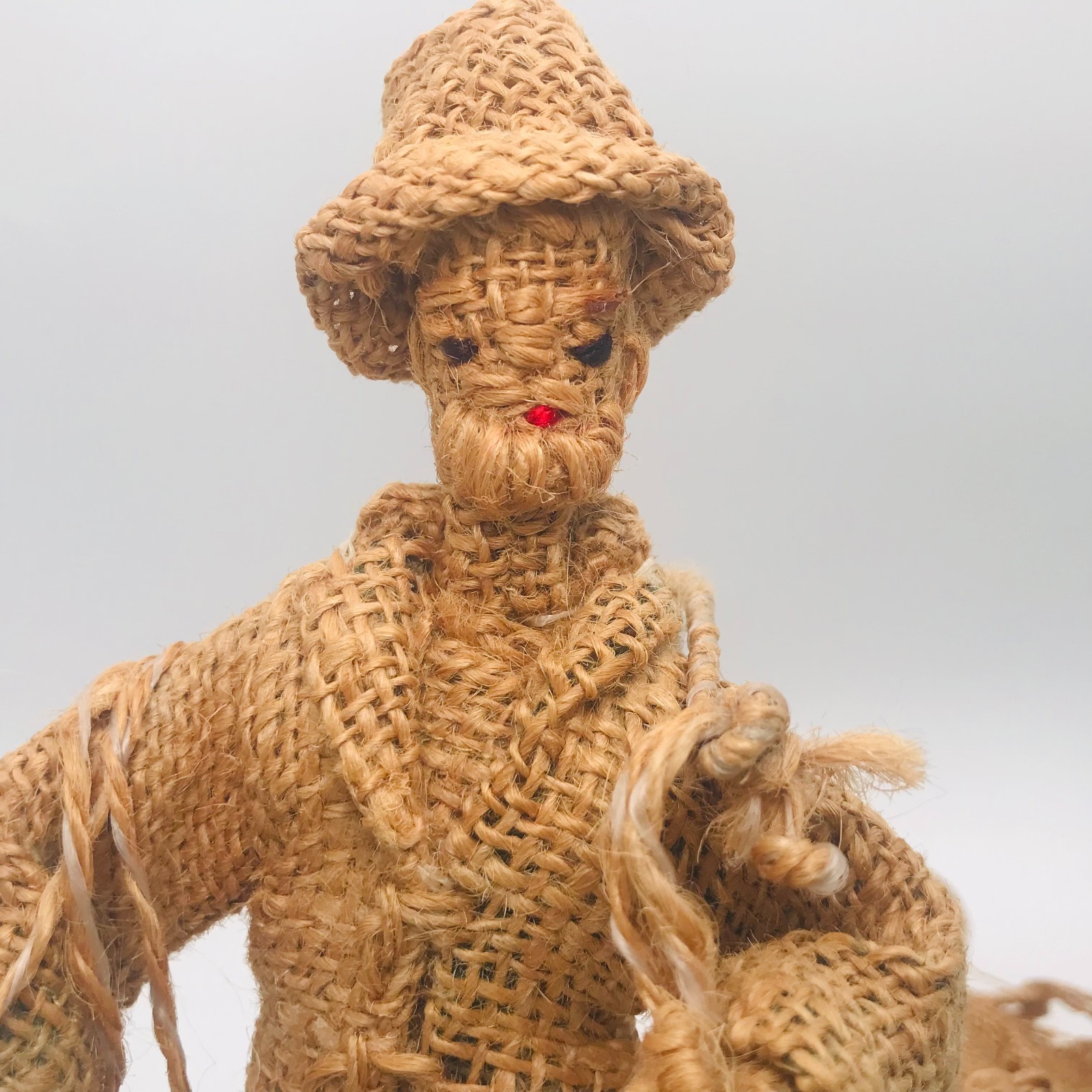 Vintage Burlap Peasant Man & Woman Carrying Produce Figurines Primitive Folk Art