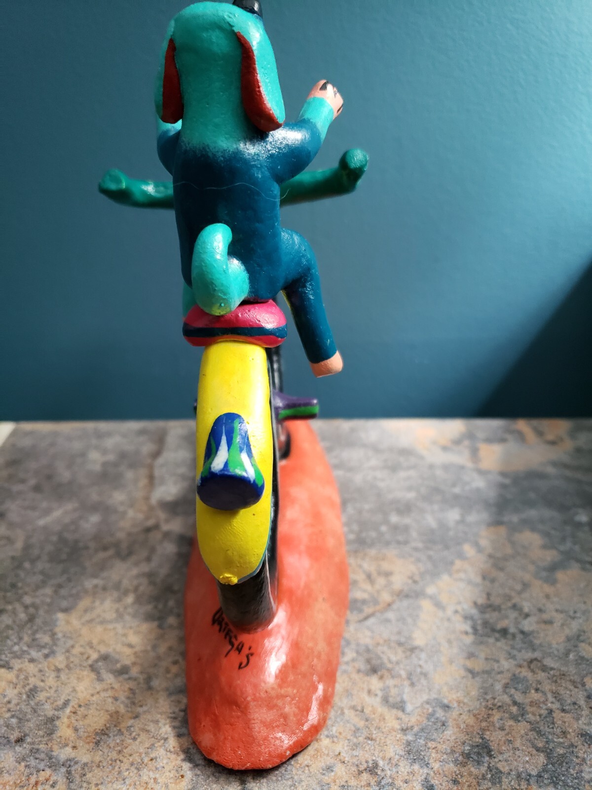 Gerardo Ortega Signed Hand Painted Ceramic Alebrije Style Dog Bicycle Sculpture