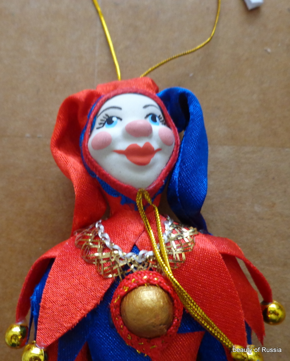 Russian fabric porcelain face Jester 6.25″ handmade figure & ornament