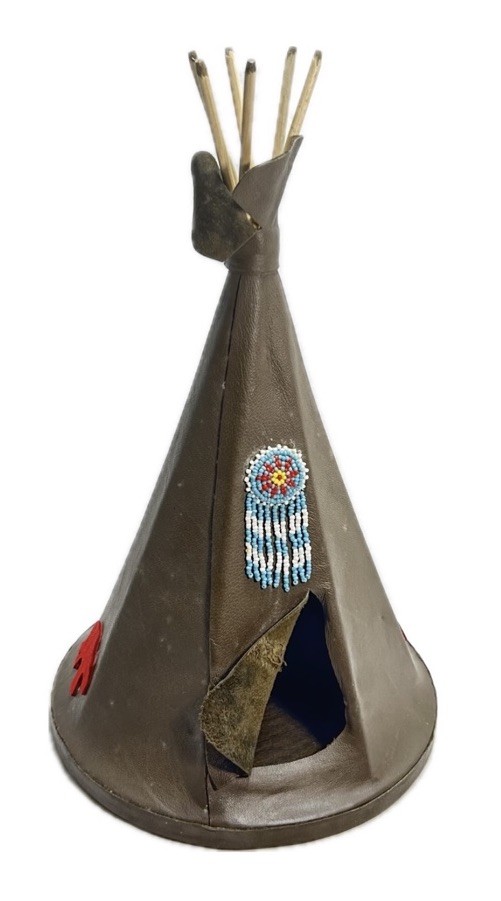 Vintage Handmade Leather Teepee With Beaded Design And Wooden Poles