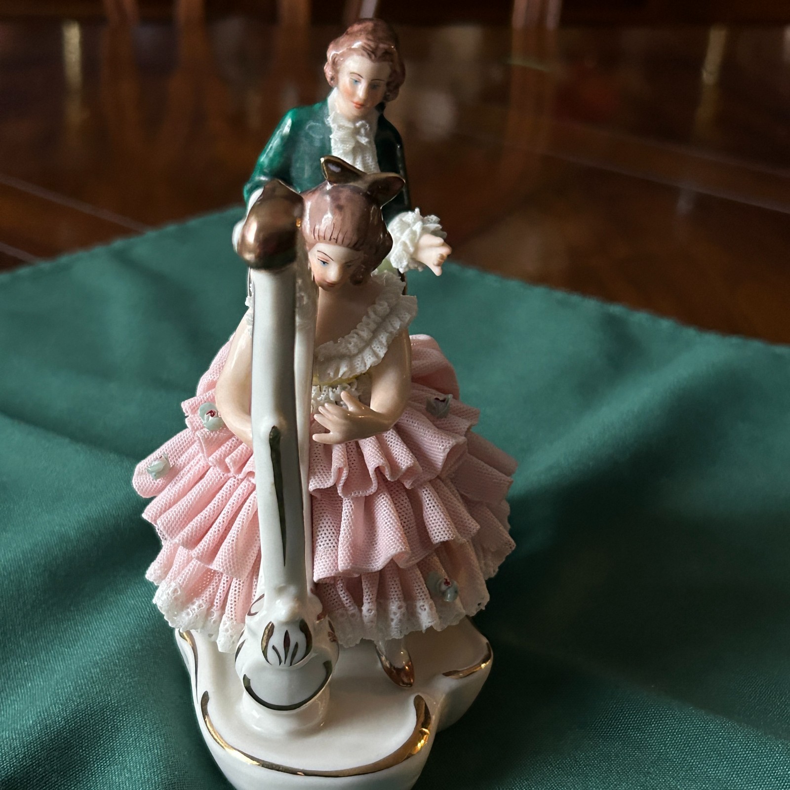 DRESDEN ART Germany, Porcelain LACY FIGURINE, Woman Playing Harp, 5″L, 5-1/2″H