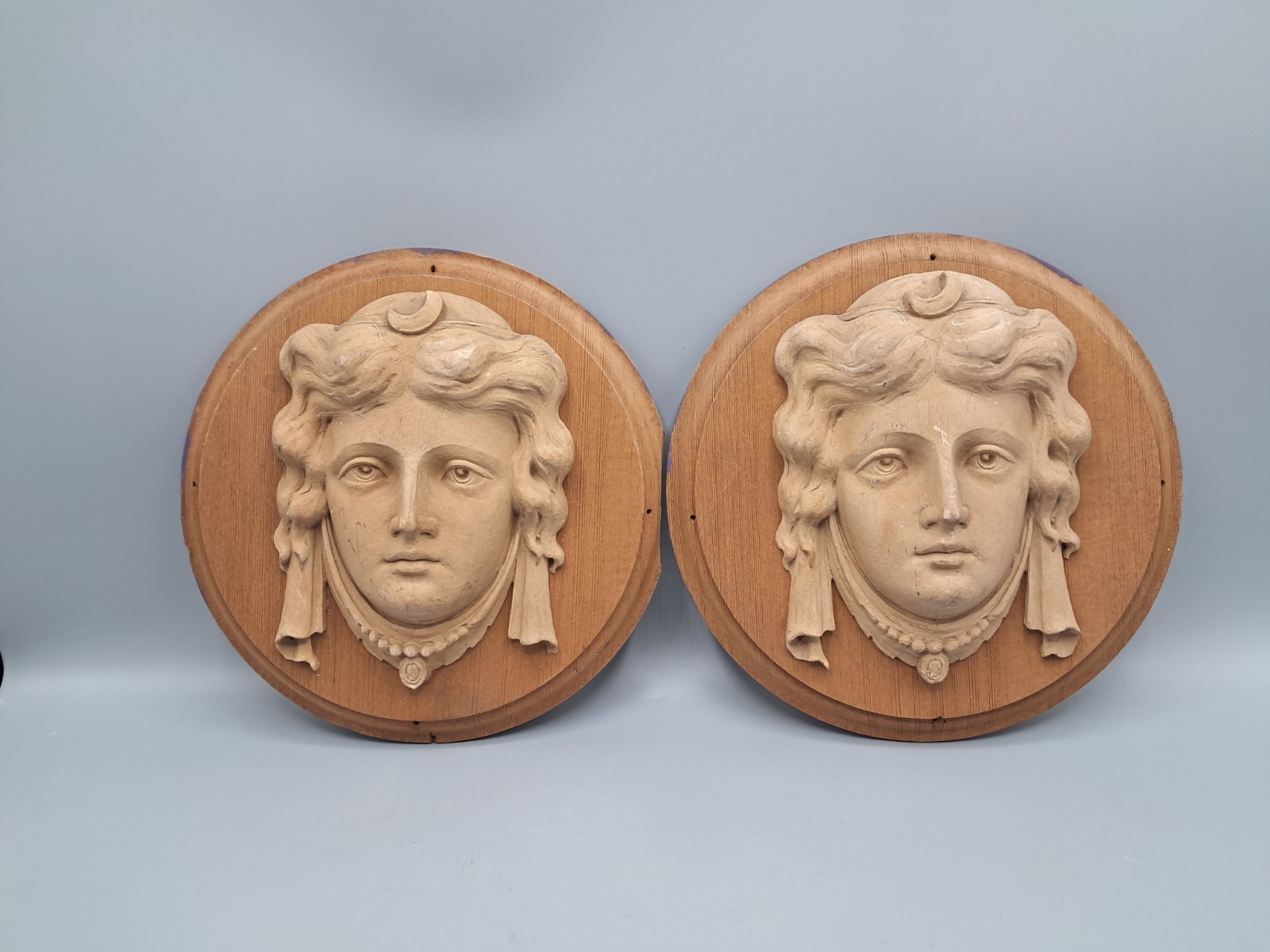 Pair Of Wood & Resin Gorgon Sisters Face Plaques, Medusa