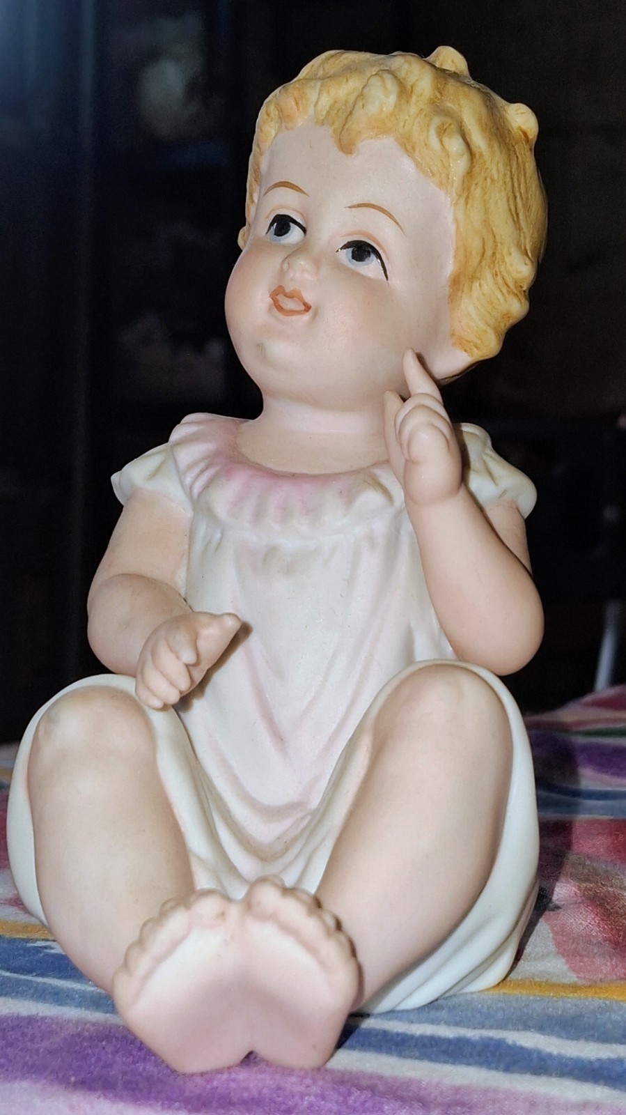 Vintage Bisque Porcelain Sitting Piano Baby Girl #7534 Andrea by Sadek Japan 5″