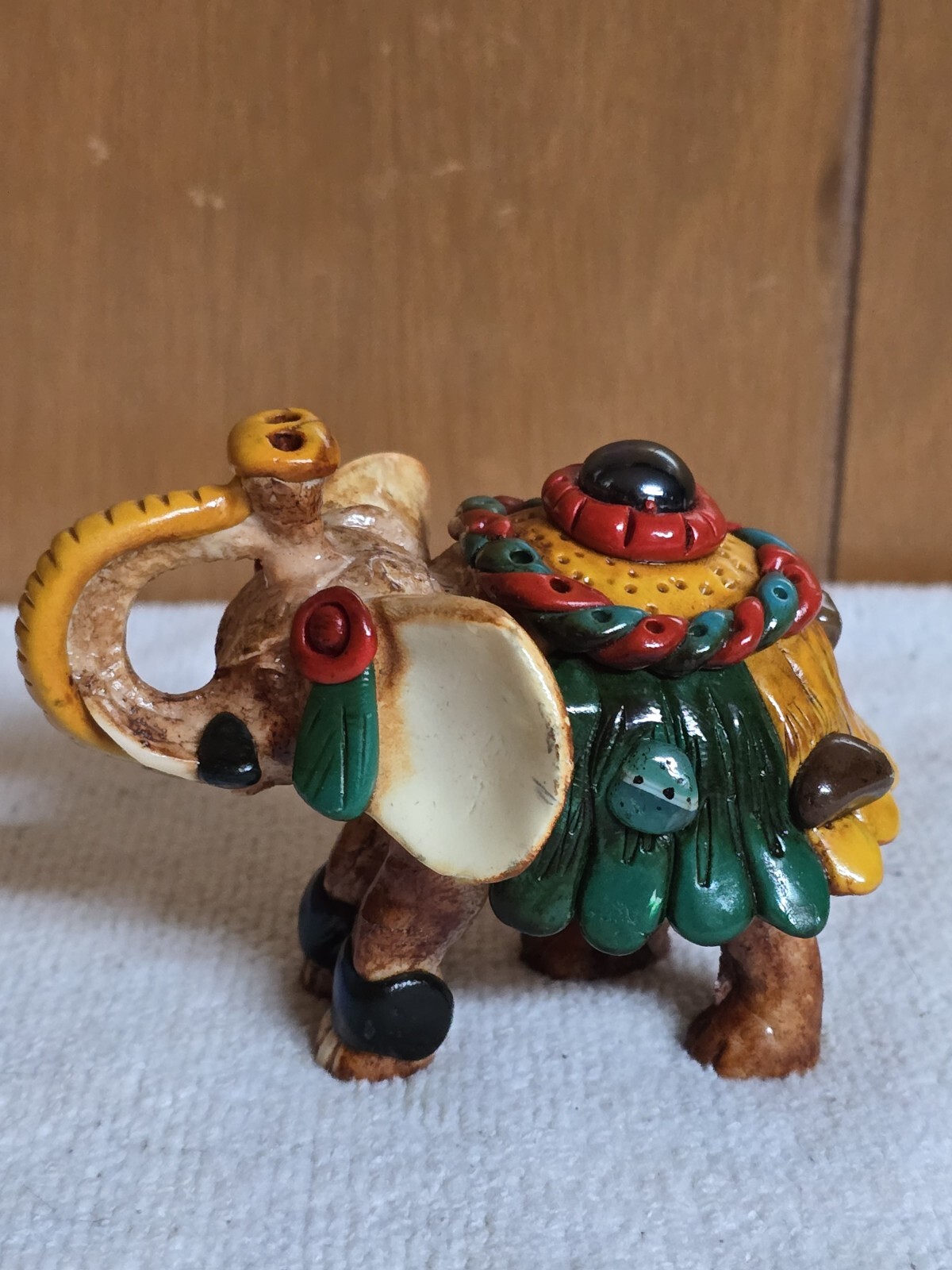 Lucky Elephant Figurine Sculpted Bright Colored Jeweled Resin Clay Handmade