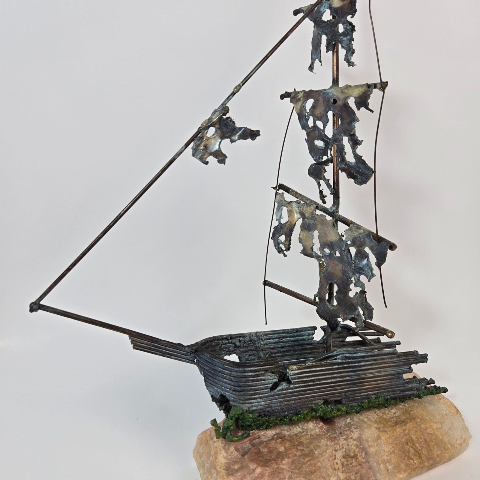 Vintage Brutalist Metal Ship Sculpture Signed DeMott Onyx Base Nautical MCM 13.5