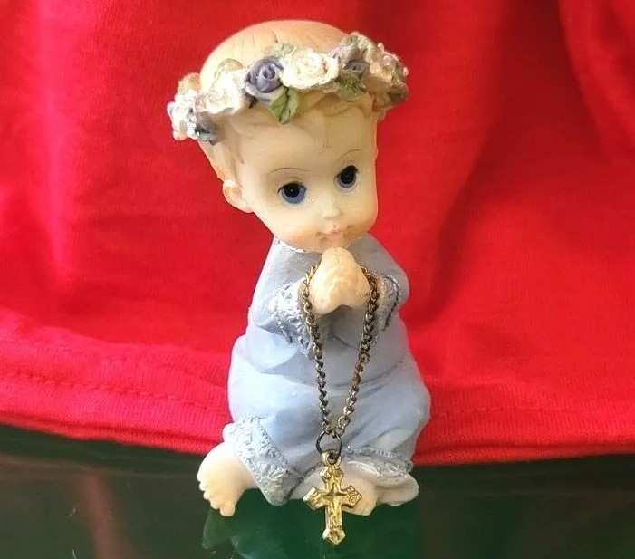 Praying Child Flower Head Band Holding Cross with Chain Jewelry Figurine Vintage