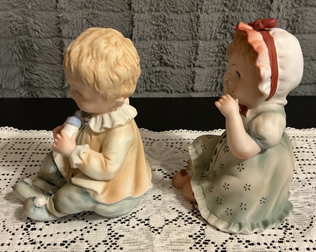 Vintage Lefton Piano Baby Figurines Boy Girl Set KW1927 Japan Porcelain Bisque
