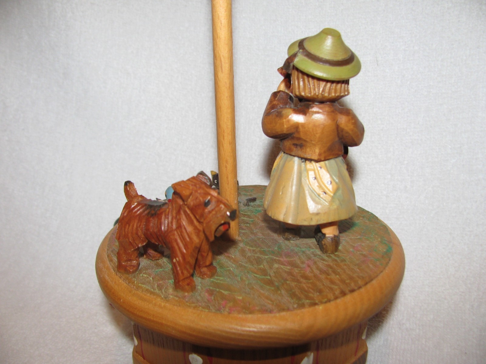 Wood Carved ANRI Italy Music Box Little Girl W/Guitar & Terrier Dog
