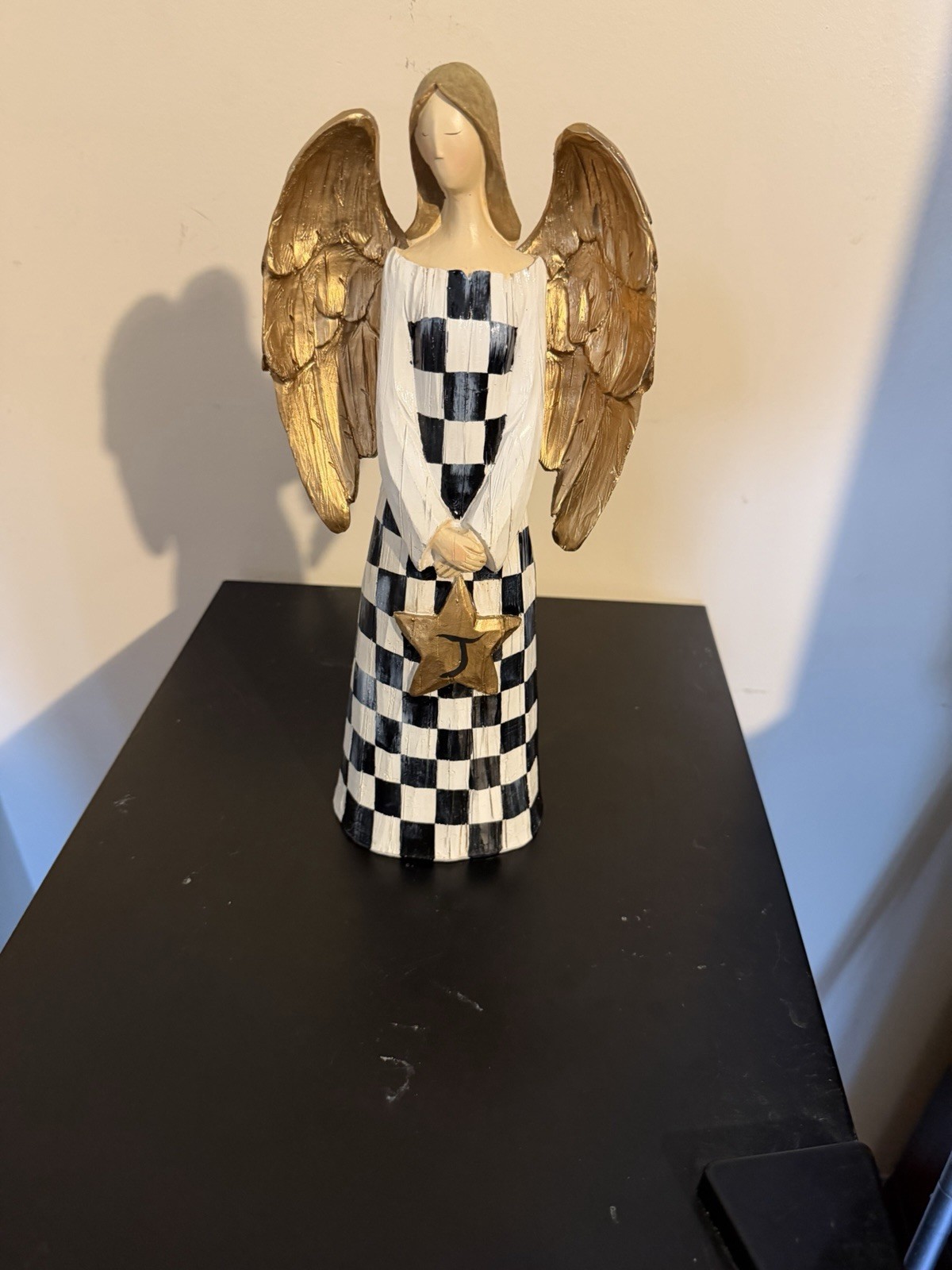 Hand Painted Resin Angel Figurine Painted Black White Checkered Gold Wings