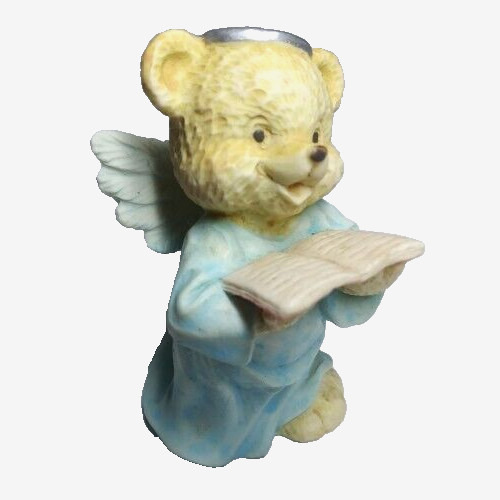Teddy Bear Angel with Book Blue Porcelain Figurine Vintage