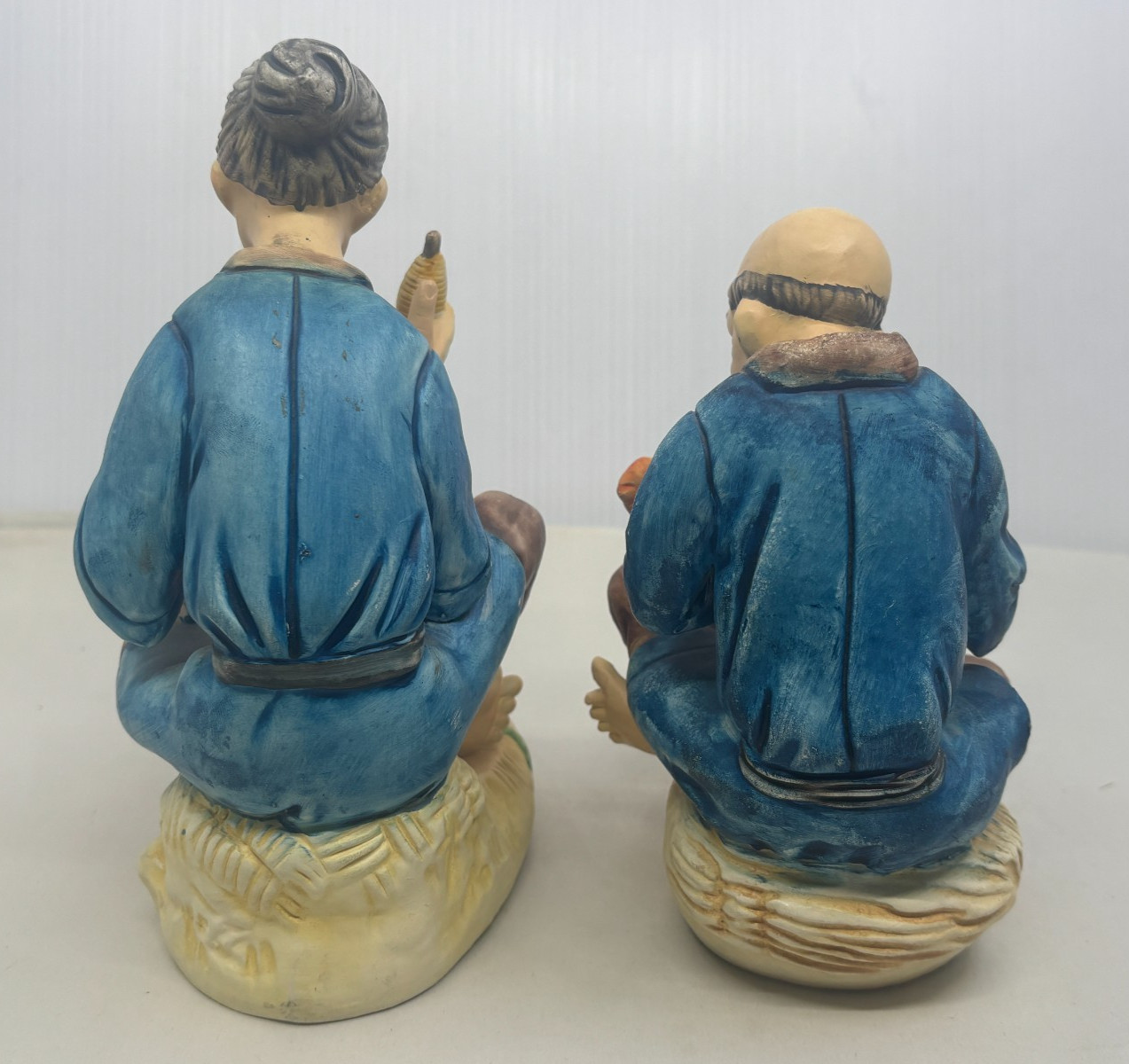 Ceramic Figurines Old Woman Making Basket and Old Man Carving Statue Portugal