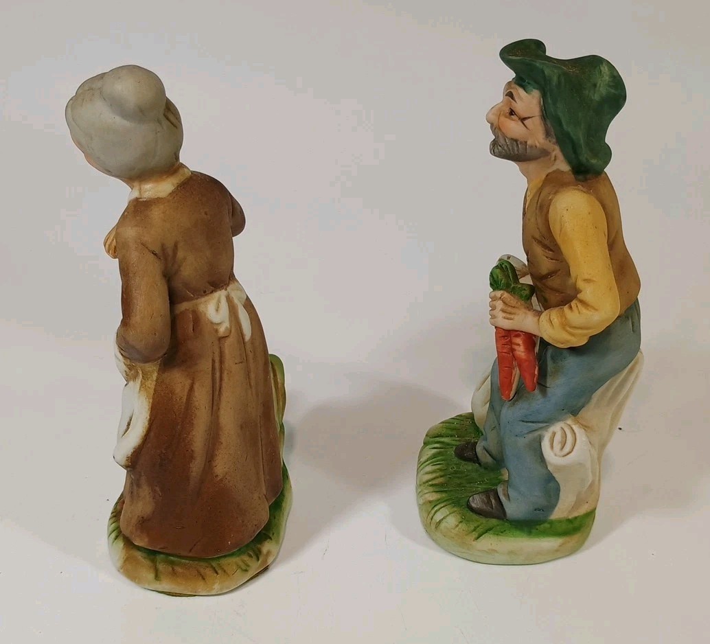 Vintage FBIA Ceramic Old Man With Carrots & Woman With Rooster Tagged 6″