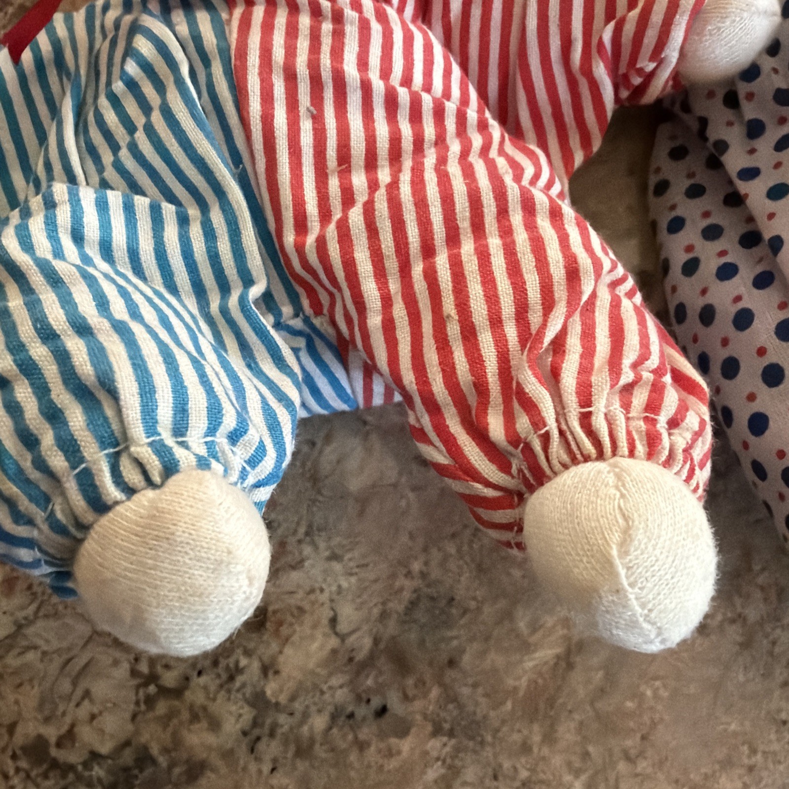 2 VTG Polka/Stripe Porcelain Head Clown Doll, Sand Body – 1 Eye Paint Missing.