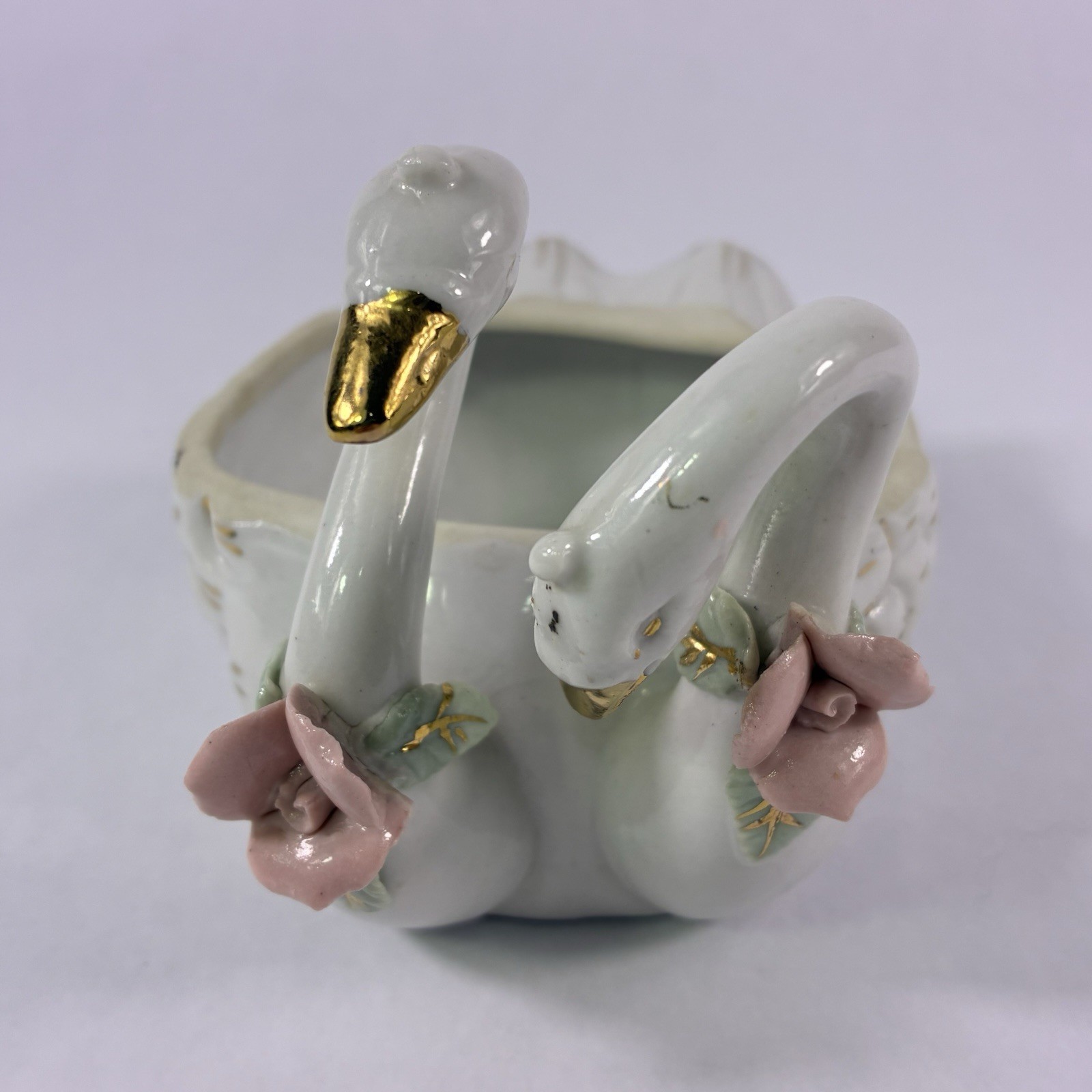 Vintage 2 Swans Trinket Dish Figurine Porcelain Roses Small Flowers Decor
