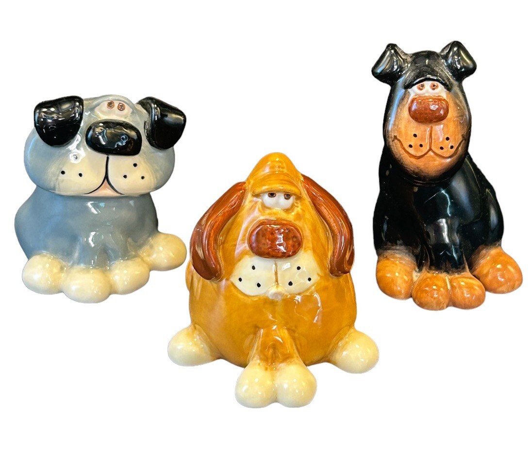 Set of 3 Ceramic Dog Figurines by Douglas, Signed Collect Clay Art Adorable