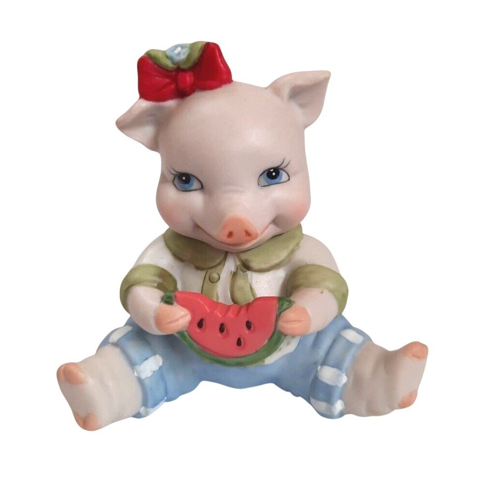 Vintage 1994 BC Sri Lanka Porcelain Pig Figurine with Watermelon Red Bow 90s