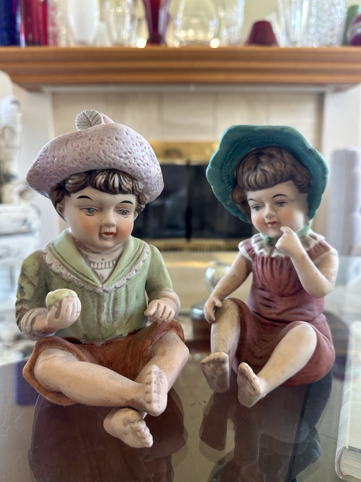 Antique Vintage 7″ Bisque Porcelain Seated Piano Boy & Girl Babies 2 pc. Pair