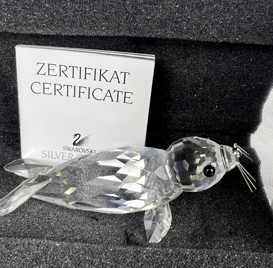 Swarovski Crystal Large Seal Silver Whiskers # 7646 Original Box & Cert 4”