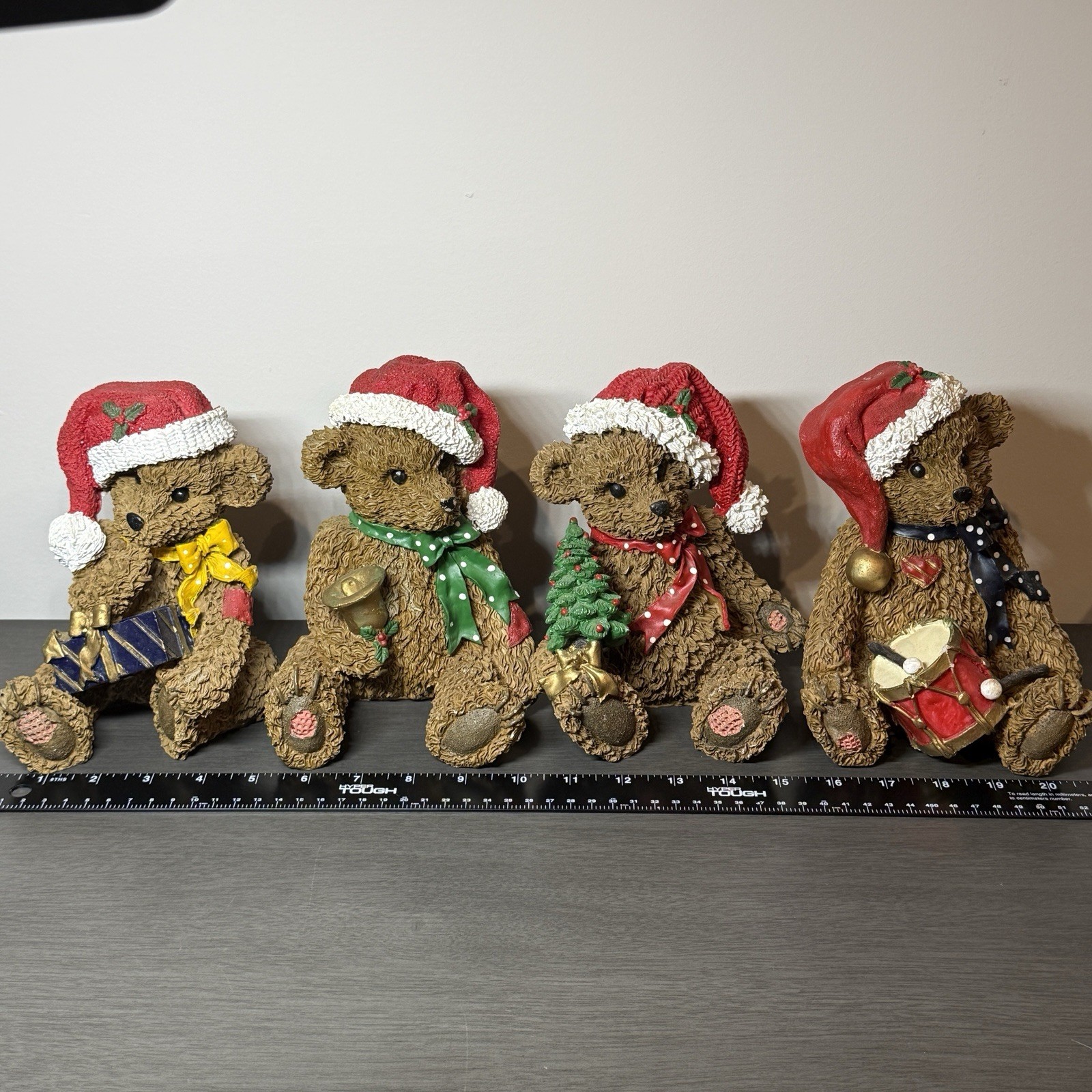 Set of 4 Resin Christmas Teddy Bears Santa Hats Figurine Gift Bell Tree Drum 6”